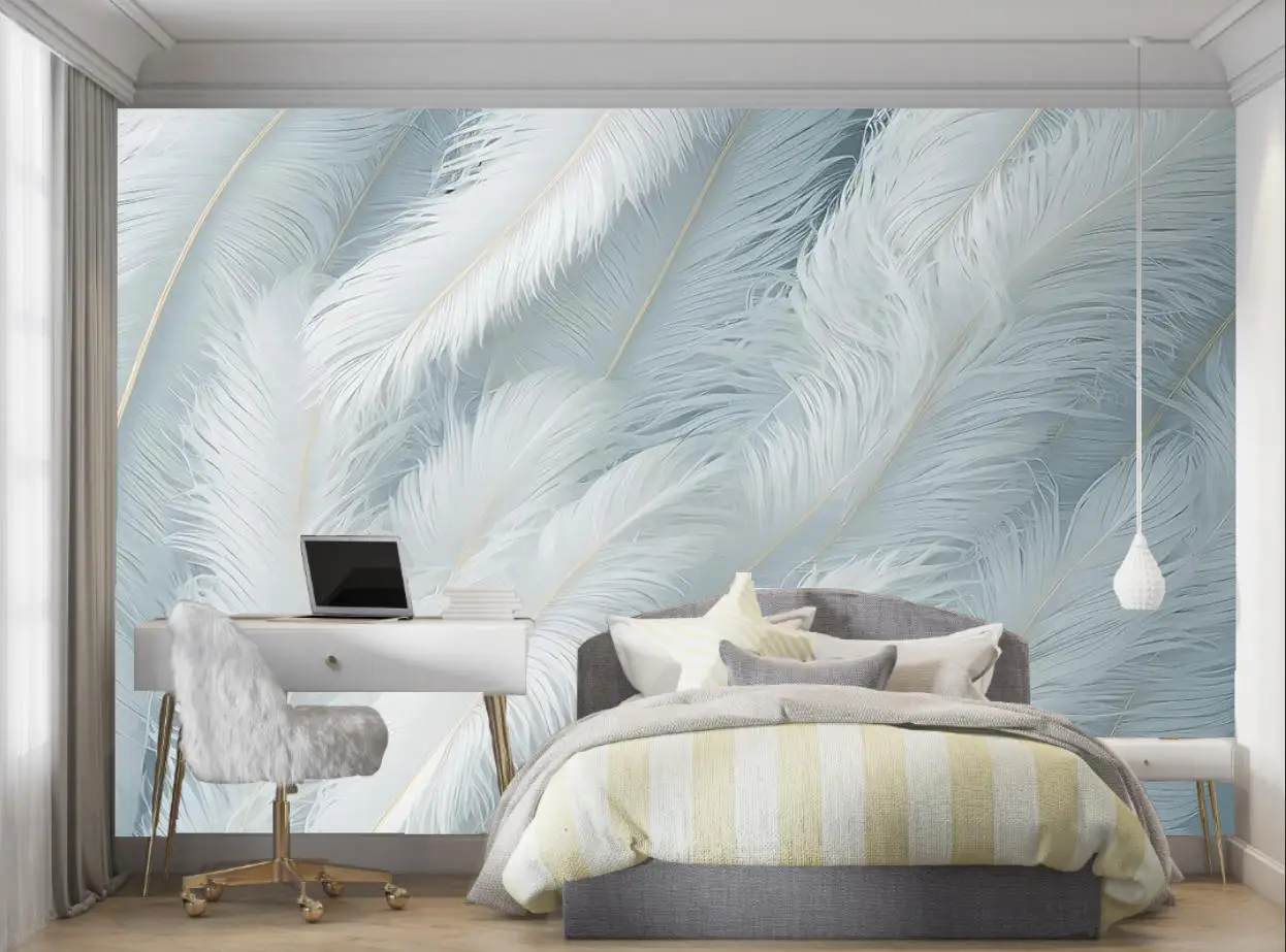 Customized Mural Wallpaper Blue Feather White Feather Modern TV Hotel Sofa Background Wall Decorative 3d Wallpaper