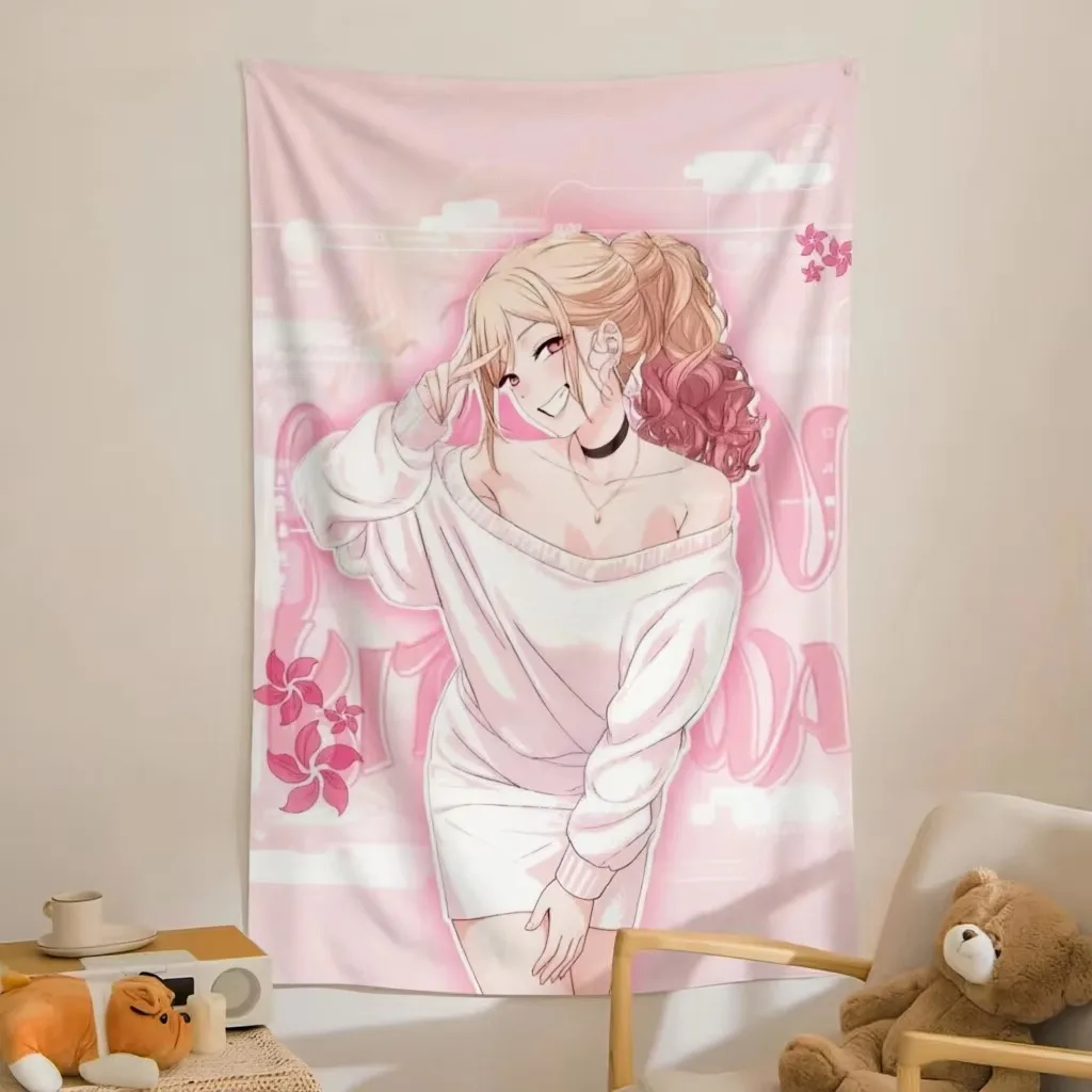 M-Marin K-Kitagawa Gradient Hair Tapestry, Pink Pastel Flower Print Y2K Kawaii Wall Hanging for Bedroom Dorm Living Room Gift