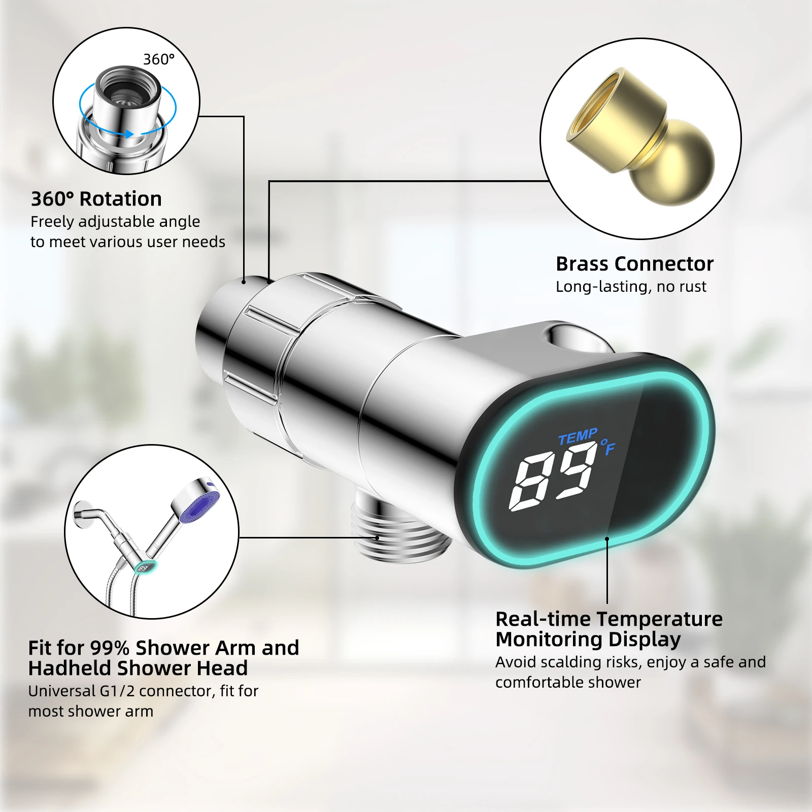 Upgraded Metal Shower Head Holder with LED Display Shower Thermometer for Handheld Shower Head Universal Shower Head Bracket