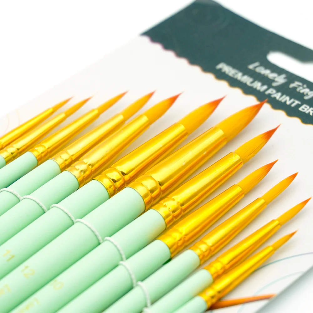 12Pcs Round Nylon Paint Brushes Light Green Handle Artist Drawing Kit Watercolor Acrylic Oil Gouache Student Art Supplies