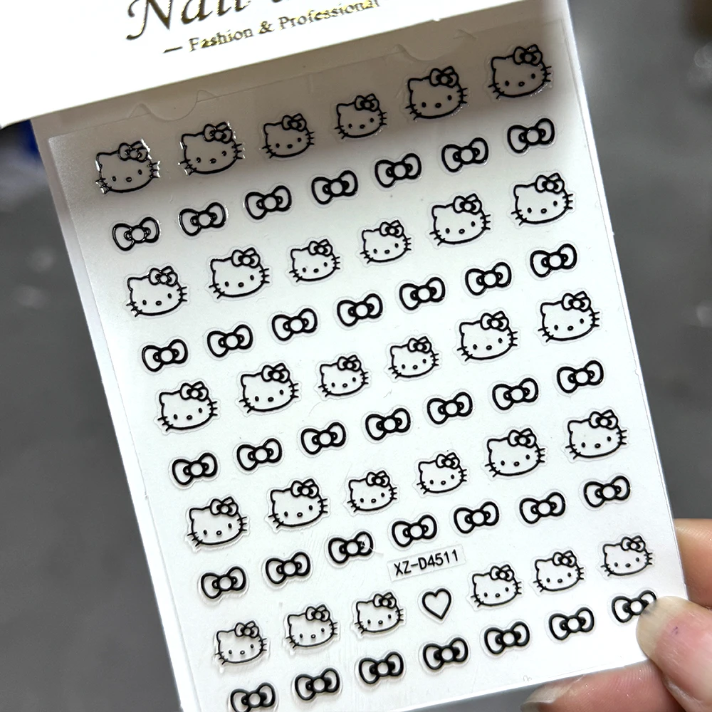 6 pezzi di adesivo per unghie giapponese Kawaii Bow HelloKitty rosa, bianco, nero, rosso, oro, argento Cartoon testa di gatto colla posteriore decalcomanie per unghie-_8