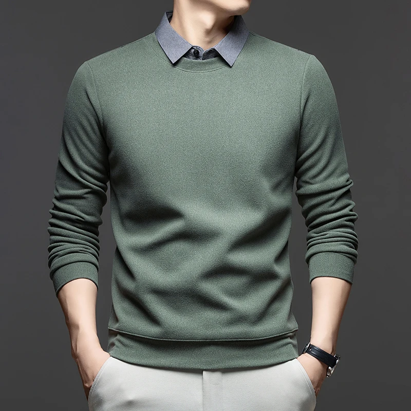 

High quality fake two-piece fashion brand men's sweater thicken warm comfort new lapel autumn winter business casual pullover