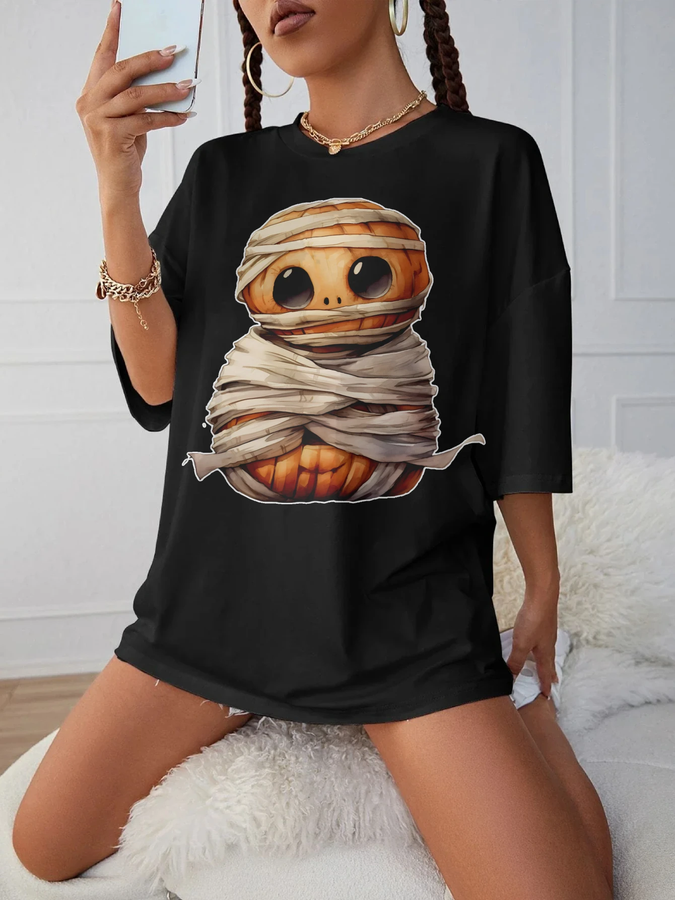 

Страшная тыква на Хэллоуин, черная свободная футболка с круглым вырезом, женская одежда для беременных на зиму, удобная для позднего беременности