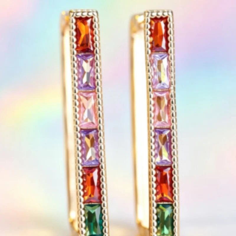 2026 New European and American New Rectangular Ladder Square Colored Ear Buckle Retro Edging Rainbow Zircon Accessory Wholesale