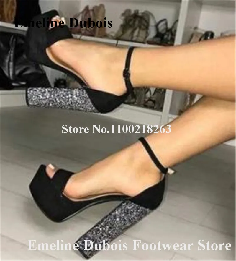 

Glitters Heels Platform Sandals Emeline Dubois Shining Chunky Heels Sandals Black Red Green Suede Thick Heel Sandals Party Shoes