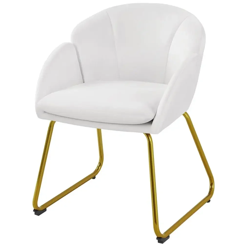 Modern White Velvet Armchair with Golden Metal Legs Petal Design Soft Foam Padding Lightweight Compact Size