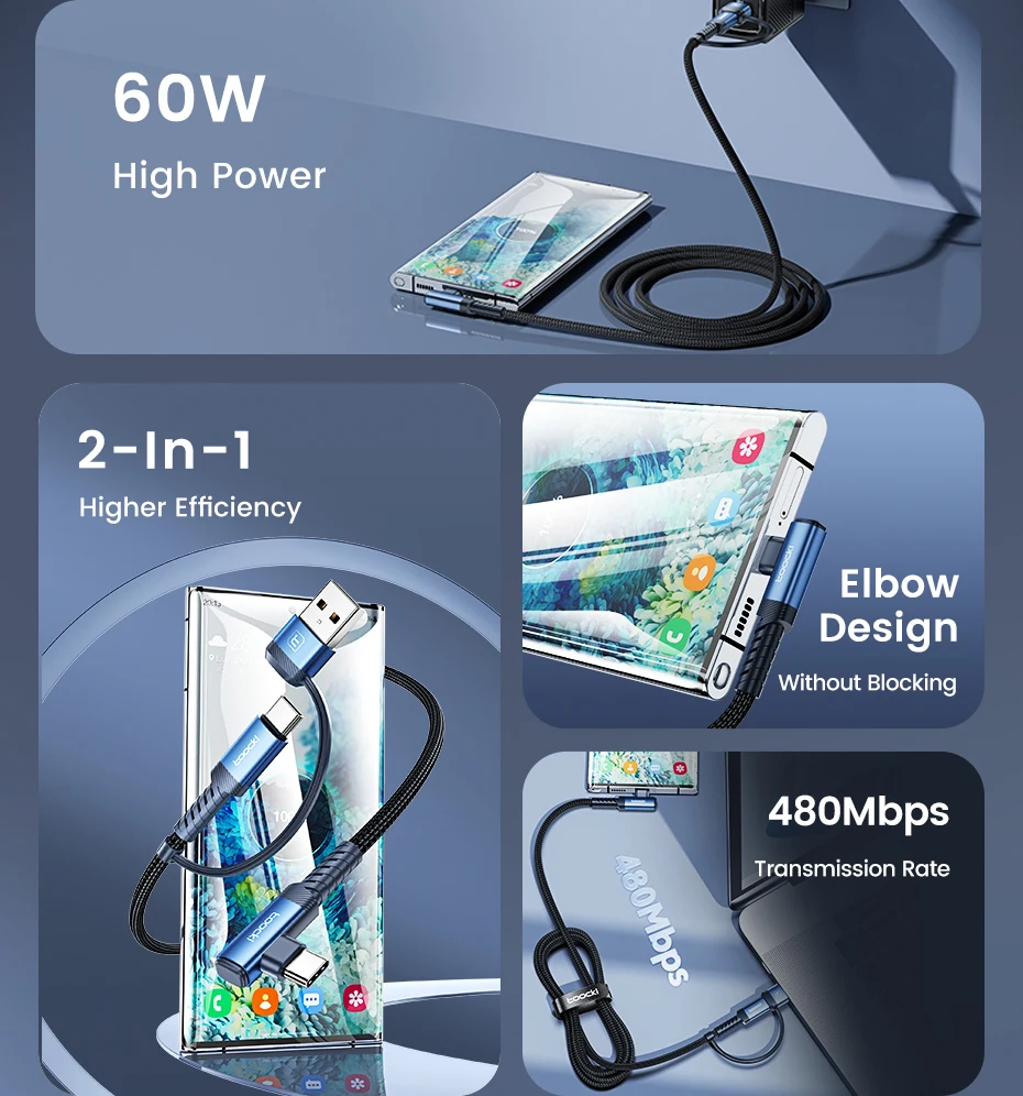 Toocki 2-in-1 Winkel-USB-C-Kabel, 2m PD 60W USB-C zu USB-C 3A Schnellladekabel für iPhone Samsung Xiaomi Huawei Datenkabel – Detail 2