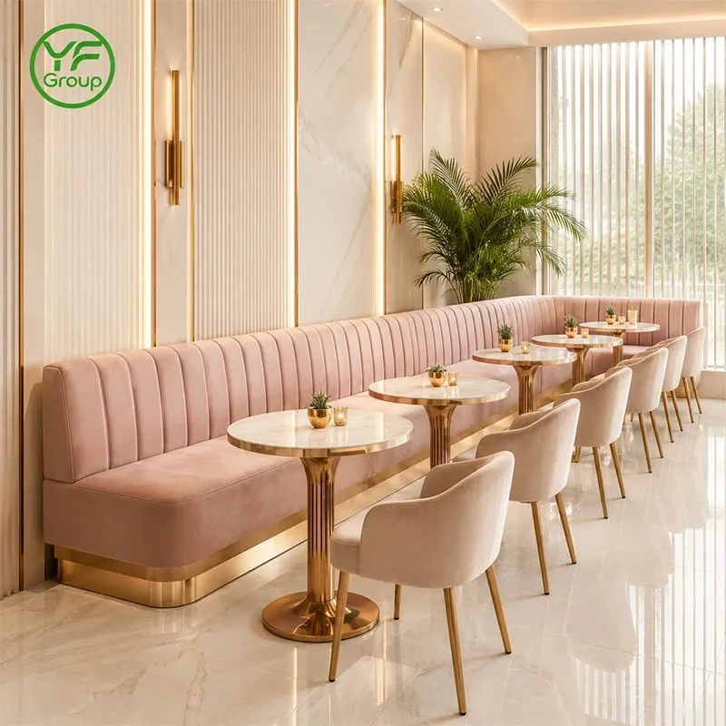 Factory Custom Restaurant Furniture Stainless Steel Base pink Velvet Fabric Booth Seating for Bistro Hotel