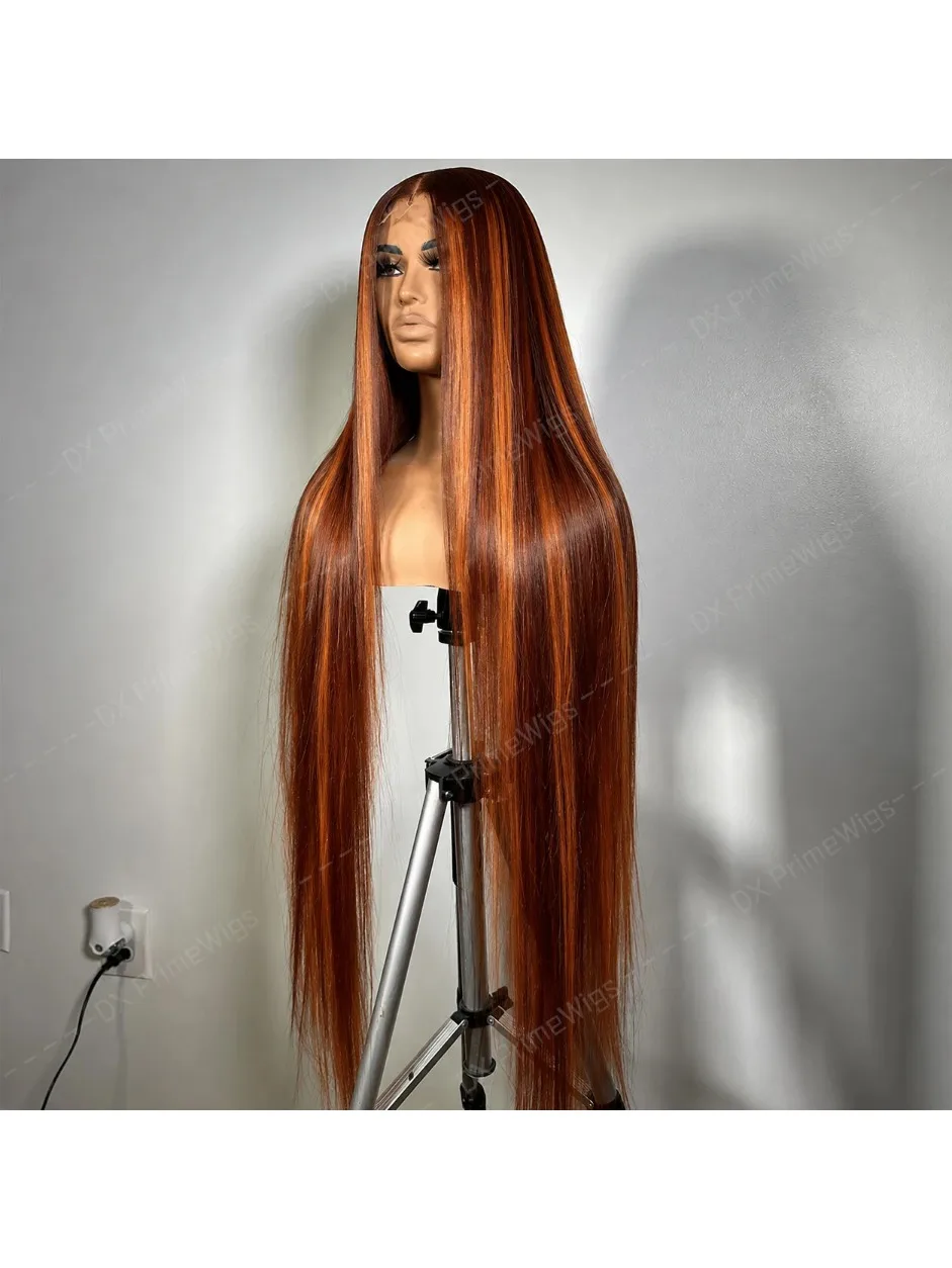 Klebefreie 100% Echthaar 4/350 Highlight Ombre Glatte 13x4 Lace Frontal Perücken mit Kordelzug, Ingwer-Orange-Braun gefärbte Perücke