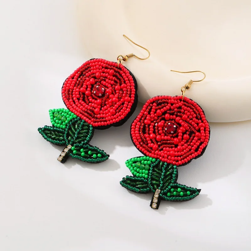 Rice bead earrings Sewing Flowers Bohemia Chili pepper Cherry Hand-woven Pattern Creativity Alloy Female Fashion Beaded earrings
