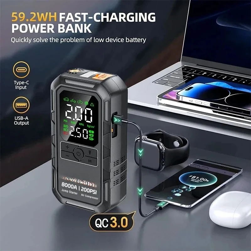 4-IN-1 Car Jump Starter with Air Compressor Peak 8000A Auto Battery Booster 200PSI Air Pump Portable Power Bank Tire Inflator