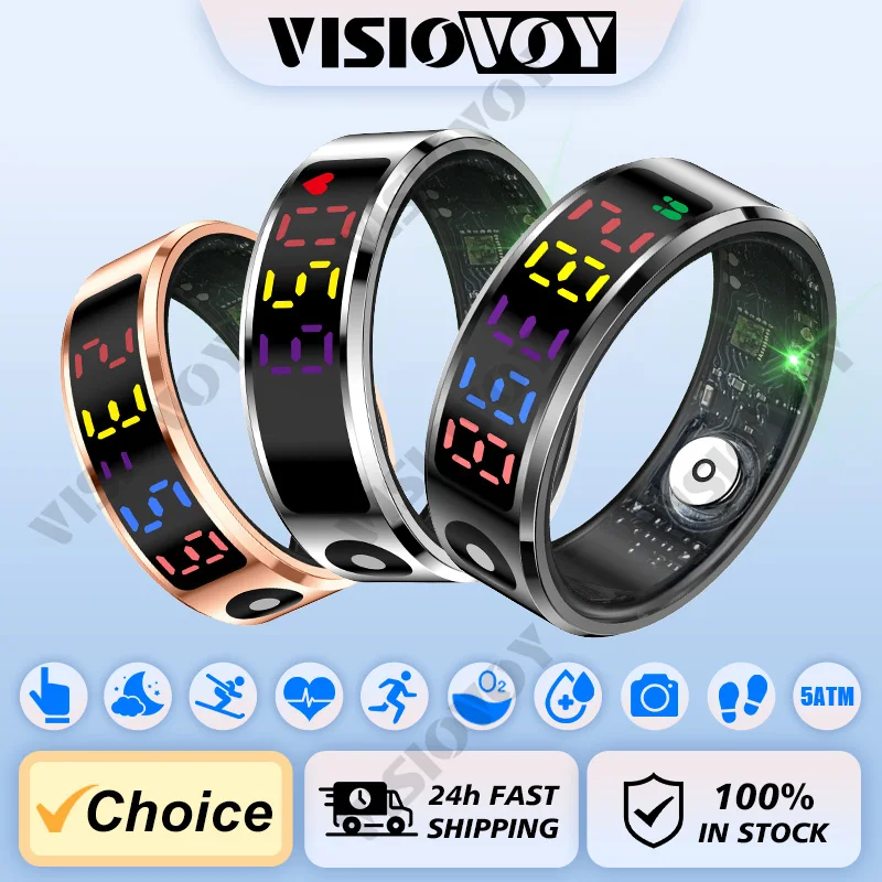 ViSiovoy-Smart Ring Uomo Donna Display a LED, Anello regalo, Monitor per ossigeno nel sangue con frequenza cardiaca, Modalità multi-sport, Impermeabile 5ATM