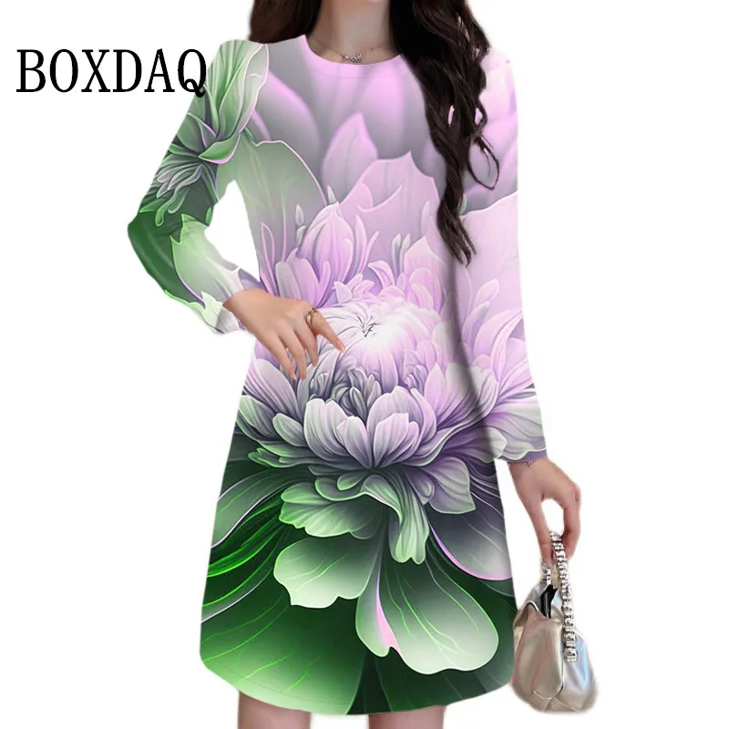 

New Gradient 3D Flower Print Dress Elegant Ladies Long Sleeve Loose Oversized Dress Autumn Winter Casual Women Clothing Vestidos