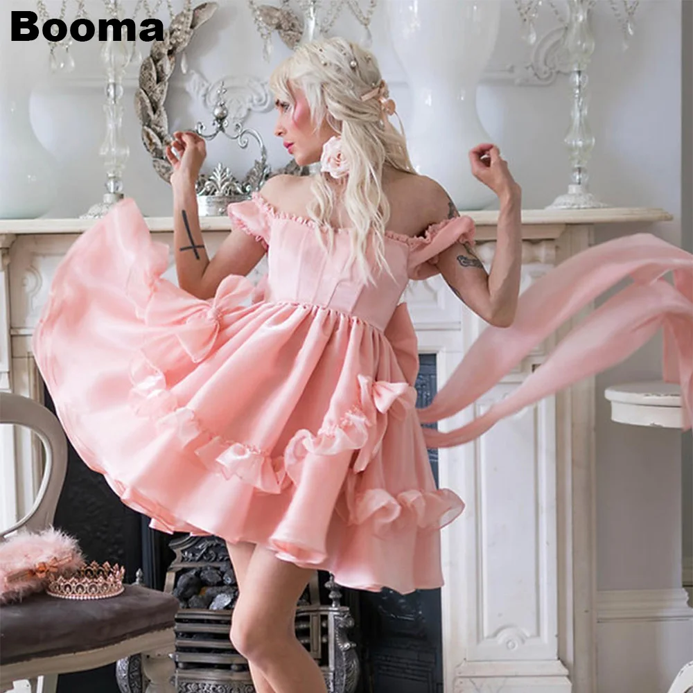 

Booma Pink A-Line Short Prom Dresses Ruffles Off Shoulder Big Bow Birthday Party Evening Dresses Cocktail Gowns for Women 2023