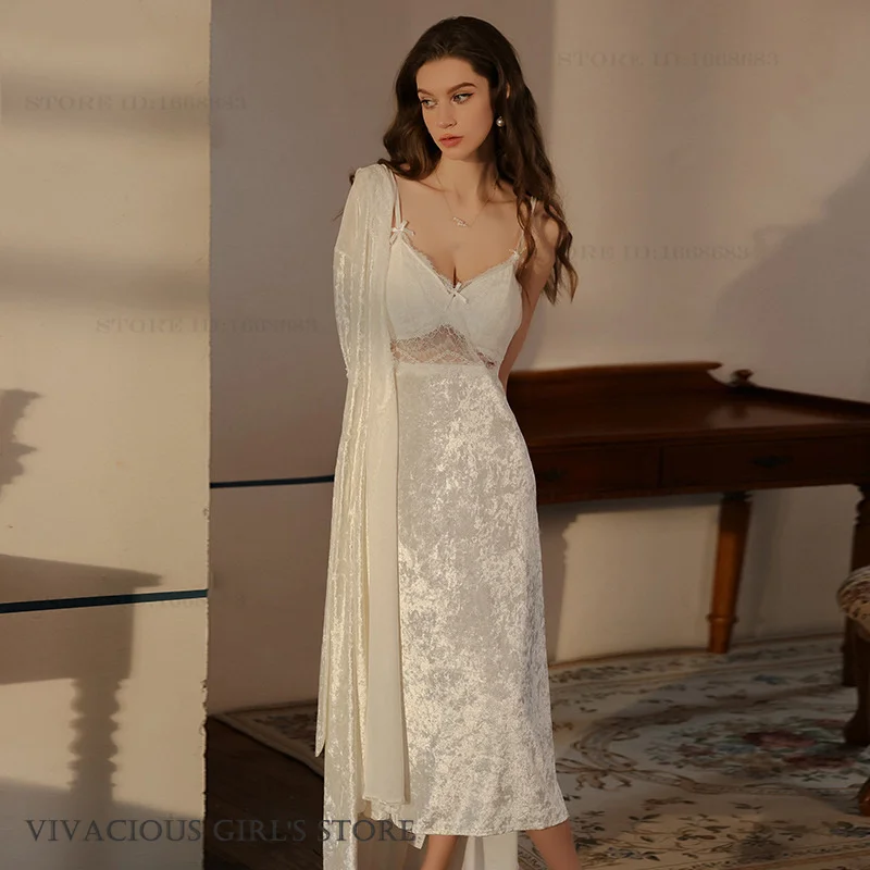 White Velvet Bride Wedding Long Robe Dress Hooded Bathrobe Nightgown French Sexy Lace Lingerie Sleepwear Women Velour Homewear