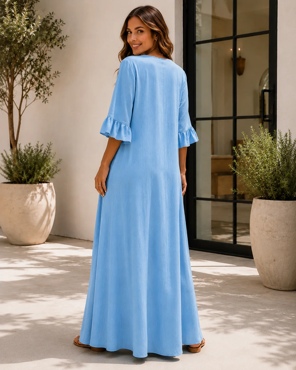 Übergröße Europäisches und Amerikanisches Cross-Border Herbst- und Winterkleid in Unifarbe für Damen mit V-Ausschnitt, Langes Modisches Elegantes Kleid – Detail 6