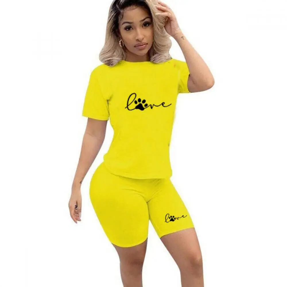 Summer Women T-Shirts and Shorts Suits Casual Tracksuit Two Piece Set Paw Print Short Sleeve Top Tees Female Sport Sets 2022