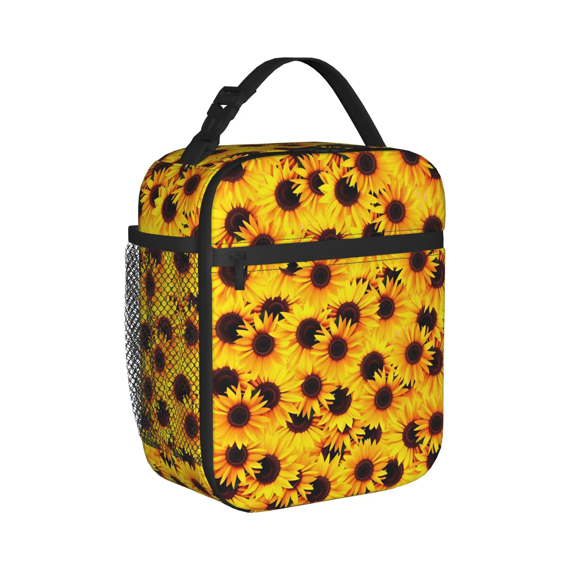 Sunflower Bloom Cluster Lunch Bag For Child  Print Picnic Lunch Box Vintage Convenient Oxford Cooler Bag