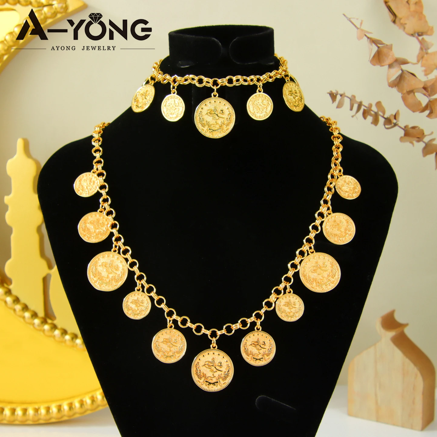 Turkish Coins Neckalce Bracelet Set 24k Gold Plated Kurdish Vintage Beads Pendants Chains Nigeria Women Bridal Wedding Jewelry
