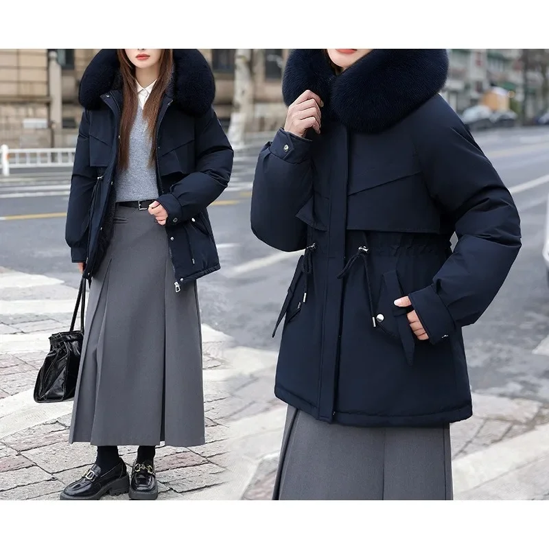 

2025 Cotton Padded Parka New Big Fur Collar Down Winter Jacket Women Thick Warm Coat Long Cotton Quilted Female Outerwear Solid