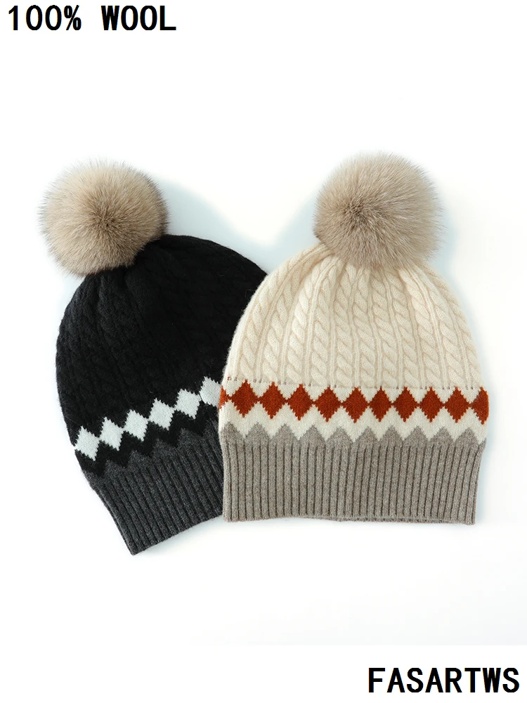 

High-Quality 100% Australian Wool Hat Knitted Caps Women Thick and Warm Beanie Jacquard Fashion Hats Winter Casual Soft Caps