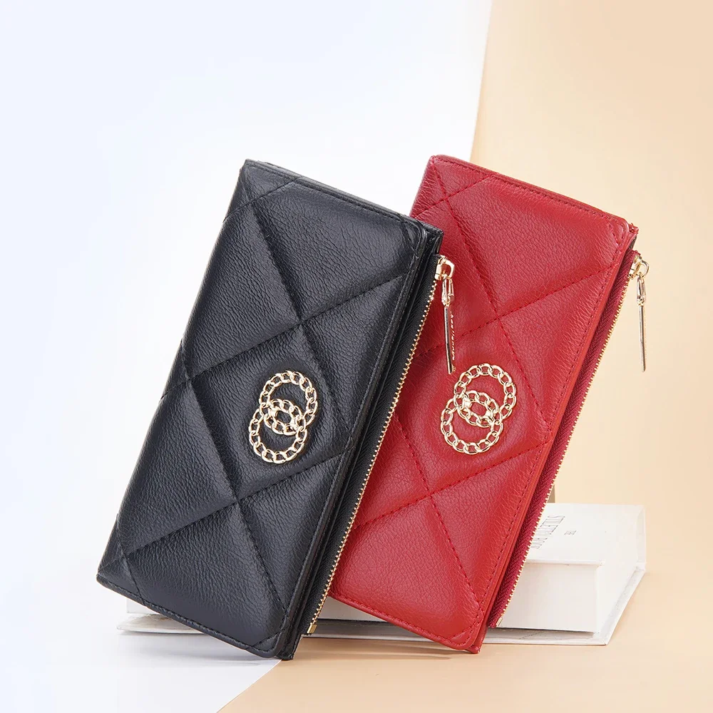 Portefeuille long en cuir PU pour femme, multi-fentes, porte-cartes, grande capacité, fermeture éclair, porte-monnaie, pochette pour téléphone,