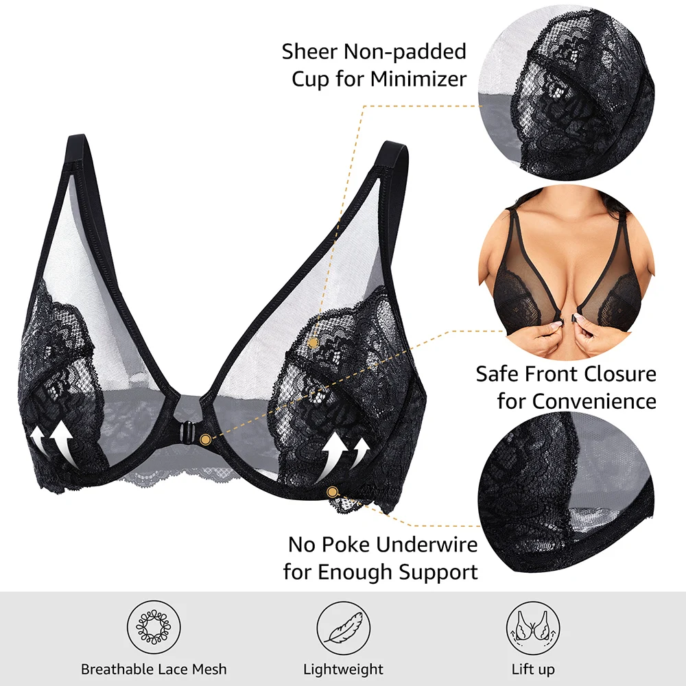 DOBREVA Women\'s Front Closure Unlined Underwire Plus Size Minimizer Bralette Lace See Through Bra DD E F Cup