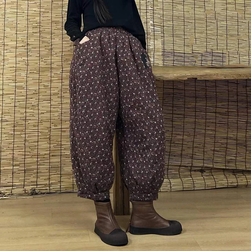 Print Loose Thicken Cotton Lady Ankle-Length Pants Fashion Vintage Casual Lantern Trousers Winter Female Warm Radish Haren Pants