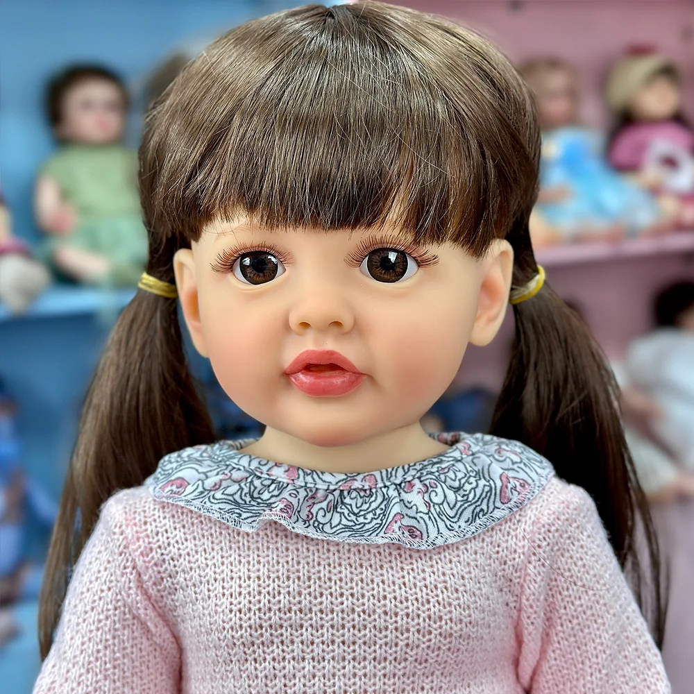 Muñeca Reborn Girl de vinilo de 22", edición coleccionable, expresión linda, cola de caballo larga y recta negra, vestido de princesa floral, poseable