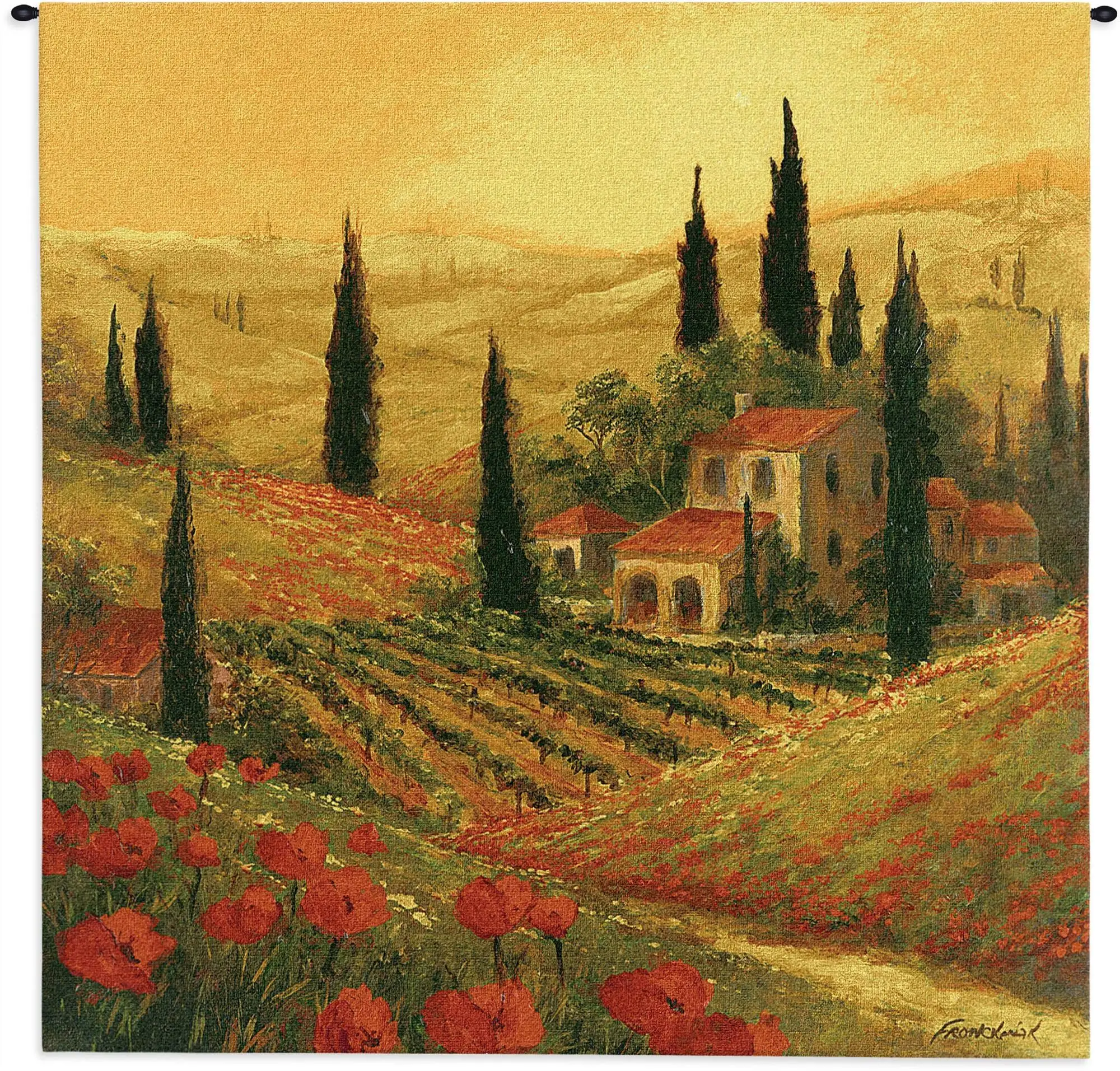 Poppies of Toscano | Woven Tapestry Wall Art Hanging | Golden Italian Sunset over Vineyard Hillsides | 100% Cotton USA