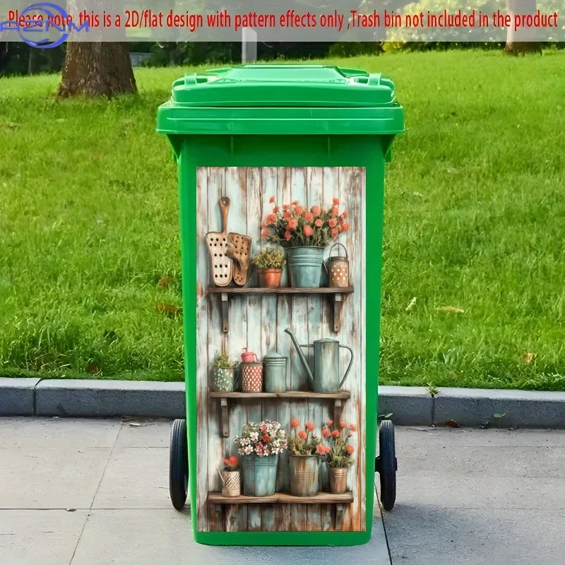 1pc Large Self-Adhesive Trash Can Stickers - Vintage Floral & Gardening Tools Decoration (Watering Cans, Floral Patterns) - Fa