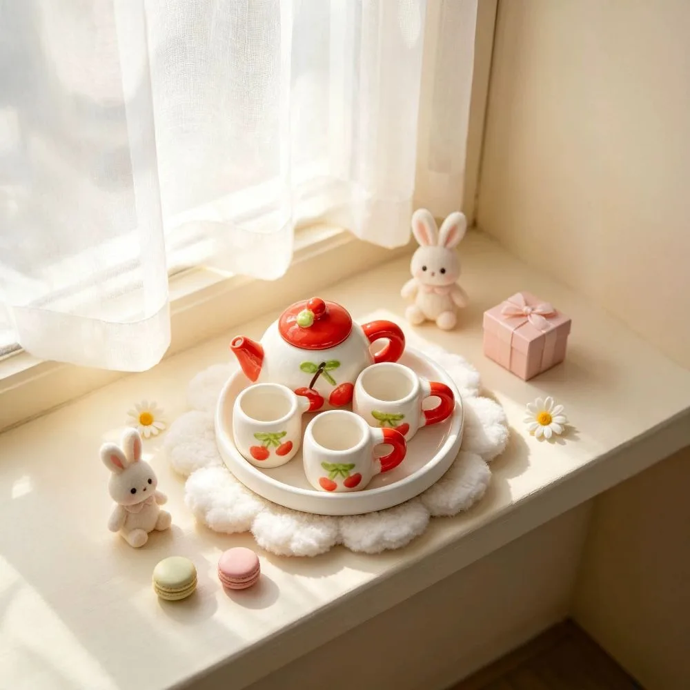 Ceramic Miniature Tea Set Fruit Shaped Cherry Tea Cup Set Cute Strawberry Mini Teapot oll House Accessories