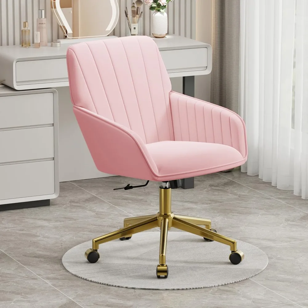 Velvet Office Chair with Gold Base Wheels, Adjustable Swivel Vanity Chair for Bedroom Study Pink