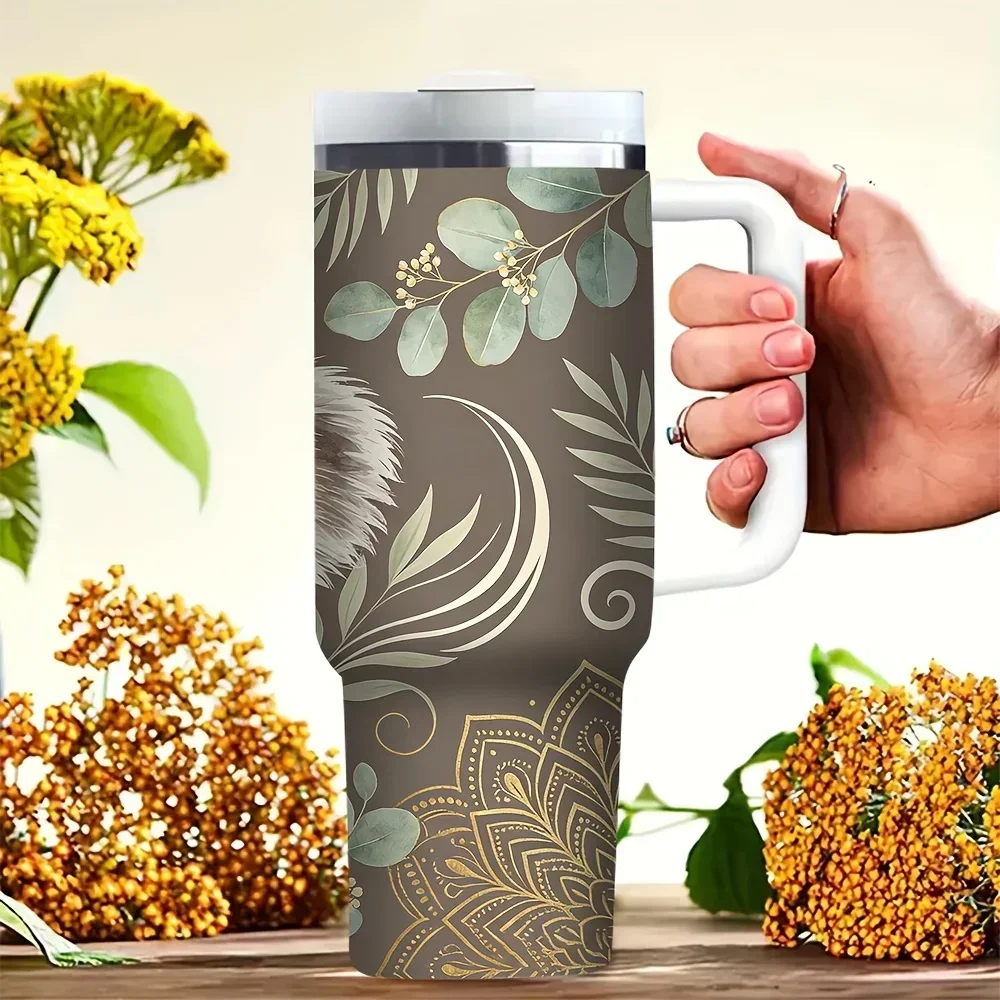 40oz Tumbler with Handle, Features Cute Koala And Elegant Mandala Floral Print, Perfect for Animal Lovers, Fits Hot And Cold Drinks, Ideal for Daily Use Outdoor Activities And Weekend Getaways