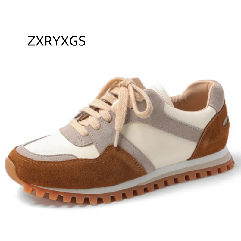 ZXRYXGS Frosted Cowhide Splicing Women Leather Sneakers Flat 2025 Spring New Colored Round Toe Lace Up Casual Sneakers Shoe Tide