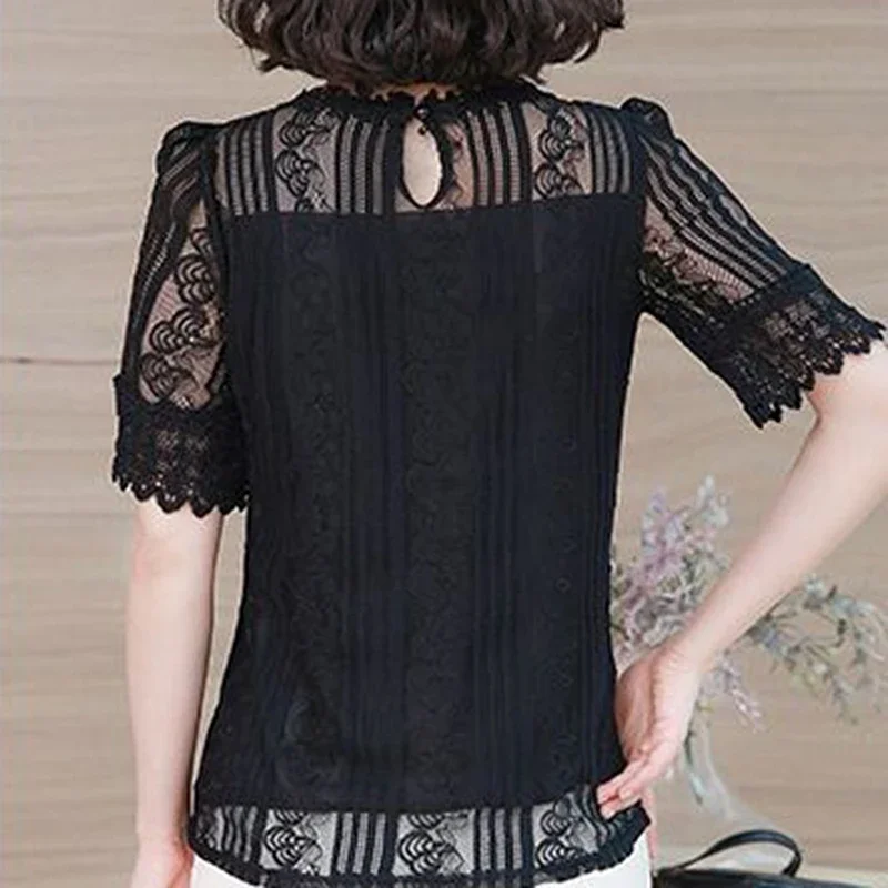 Sexy Summer Lace Blouses Women 2024 Korean Fashion Clothes Casual Blusas Femininas Slim Chiffon Shirts See Through Ladies Tops