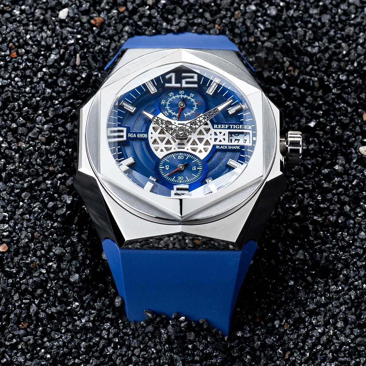 Reef Tiger/RT Top Brand Luxury Mechanical Skeleton Watch For Men Black Shark Hexagon Automatic Rubber Band Watches Rejos