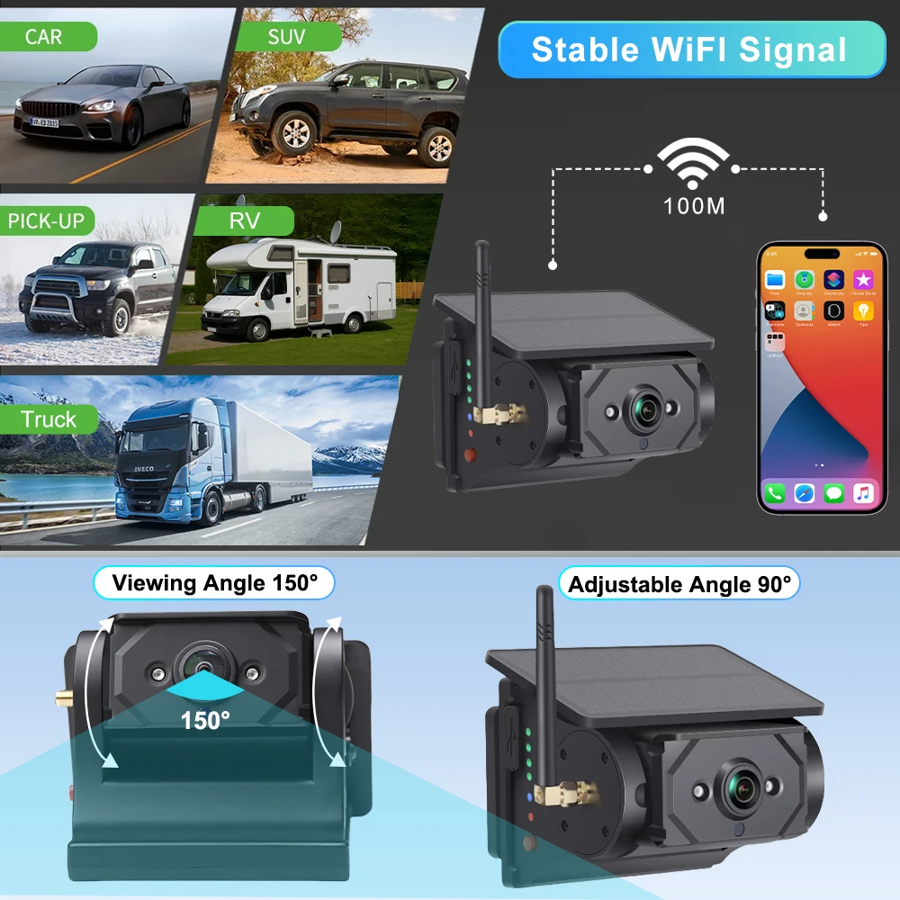 2.4GHz Wireless HD 720P Backup Camera 9600mAh RV Solar Power Charging WiFi APP Control IP67 Waterproof IR Night Vision For Truck