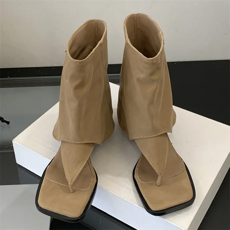 

Women's Khaki Suede Thong Square Toe Fold Over Cuff Ankle Boots, Low Heel Summer Casual Beach Footwear, Drop Shipping