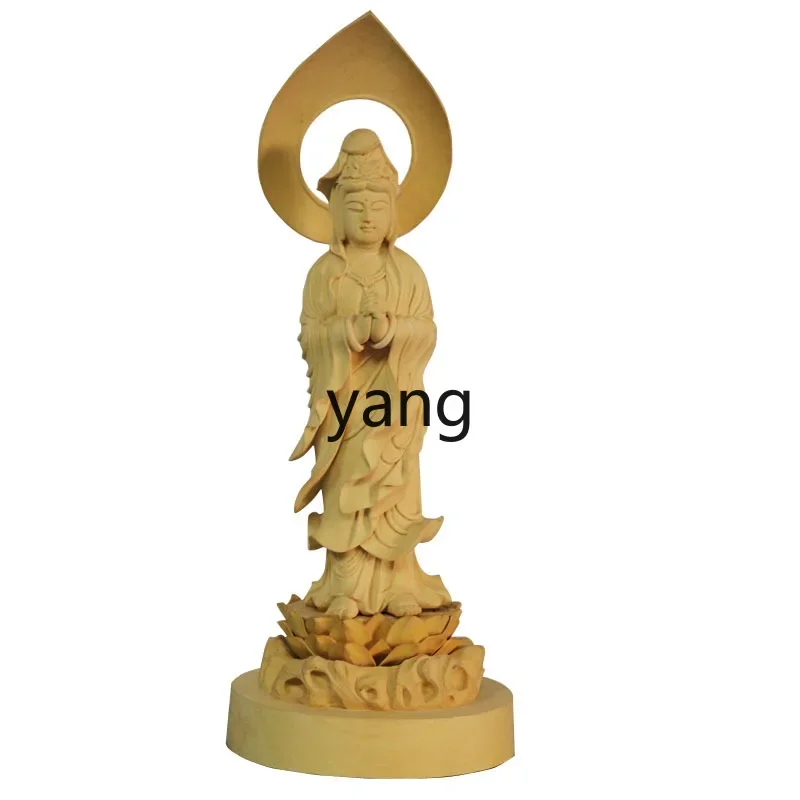 

Yjq boxwood Guanyin Buddha statue handmade solid wood carving ornament can be painted gold