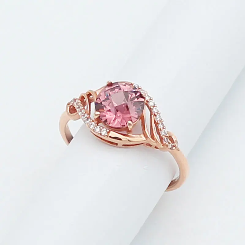 Anéis de casamento em cristal oliva para casais, openwork design, joias de luxo requintadas, ouro rosa, pedras preciosas rosa, 585 roxo, 14k