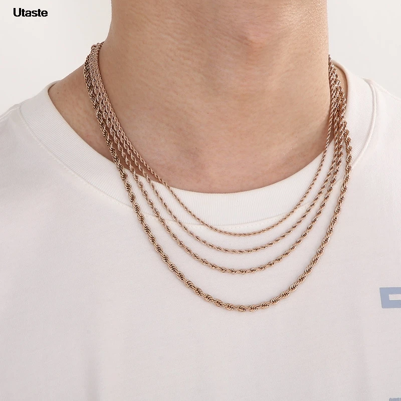 Ropes Long Necklace for Men Women,Stainless Steel Gold Color Twisted Rope Chain Collar,2/3/4/5mm Punk Basic Waterproof Jewelry