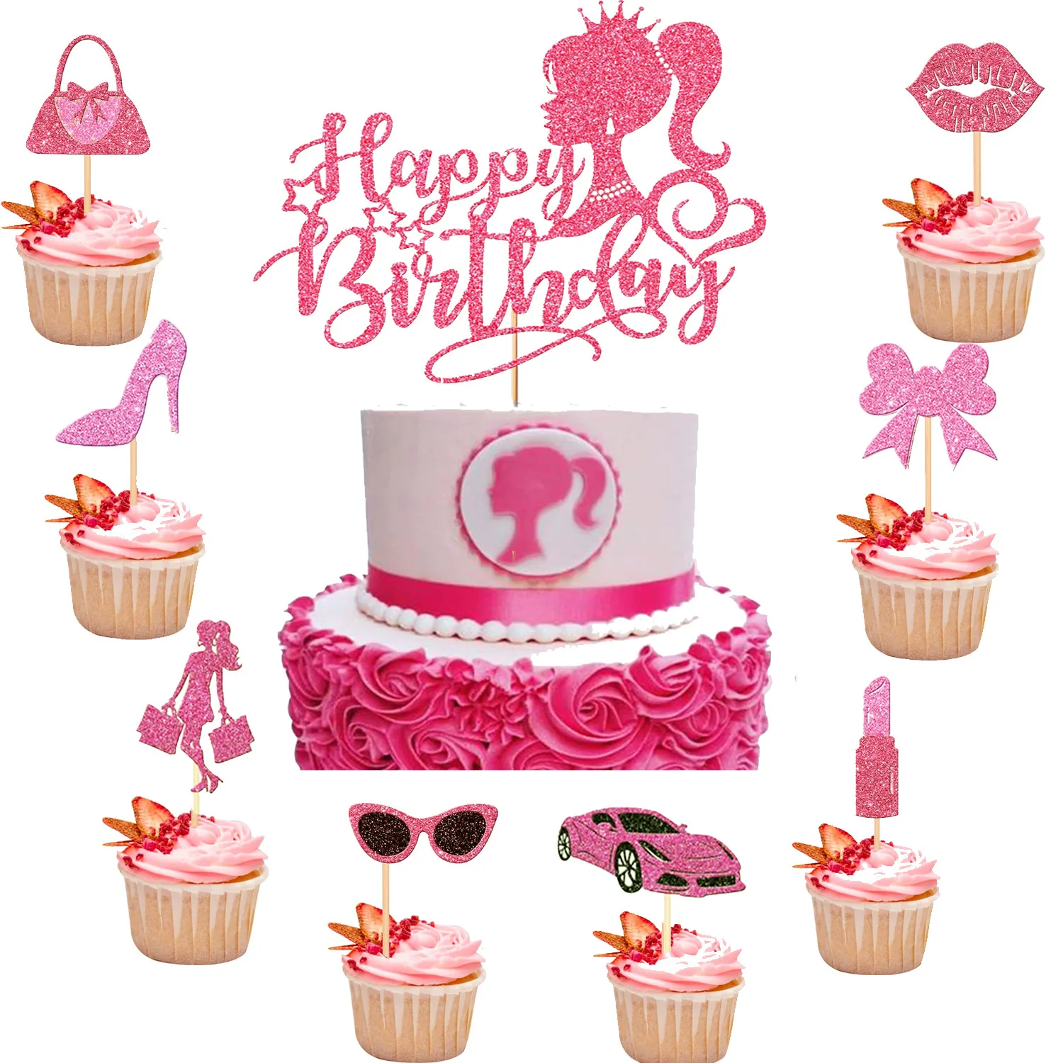 Banderas para decoración de tarta de princesa, tacones altos, bolsa de lápiz labial, gafas de coche, adorno para magdalenas de feliz cumpleaños, fiesta, Baby Shower, decoración para hornear pasteles