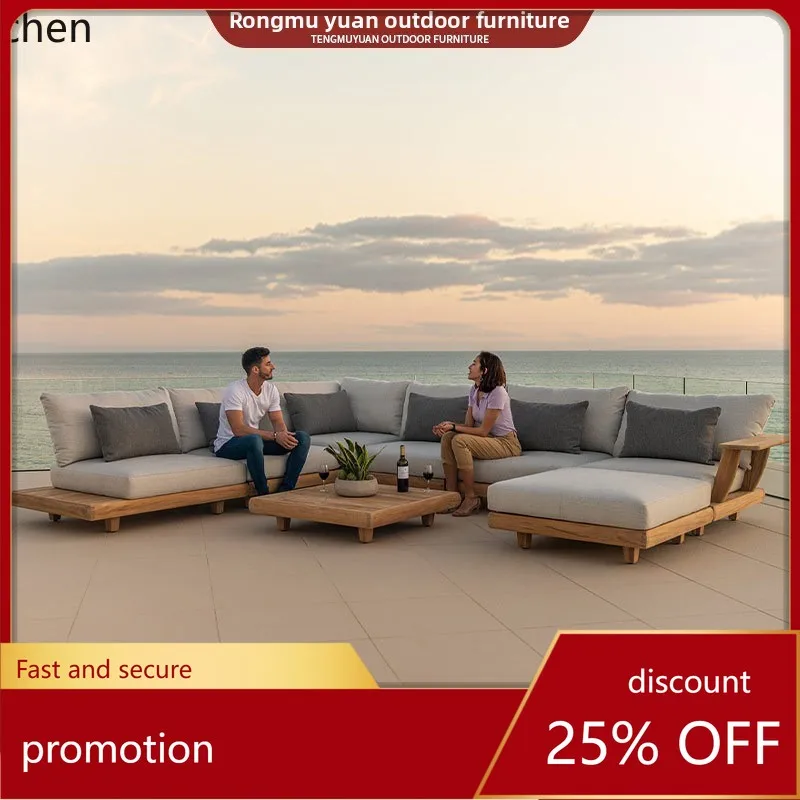 HT Outdoor Solid Wood Sofa Villa Courtyard Garden Hotel Sunroom Waterproof Sunproof Teak Sofa Set