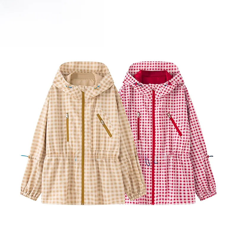 Fashionable Plaid Hooded Windproof Waterproof Women's Jacket ZR Summer New Arrival Versatile Casual Style Standard Fit Polyester
