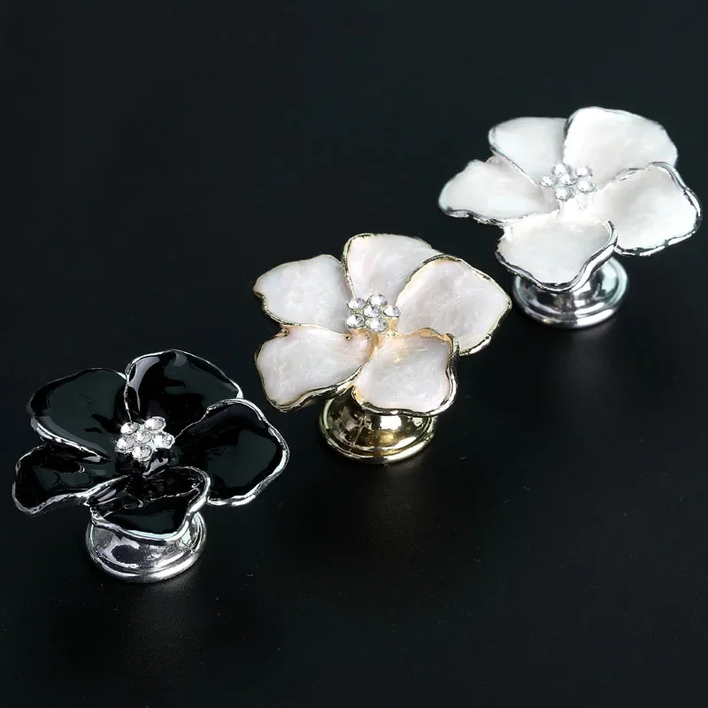 1pc Fashion creative flower crystal drawer shoe cabinet Tv cabinet knob pull silver gold white black win cabinet cupboard handle