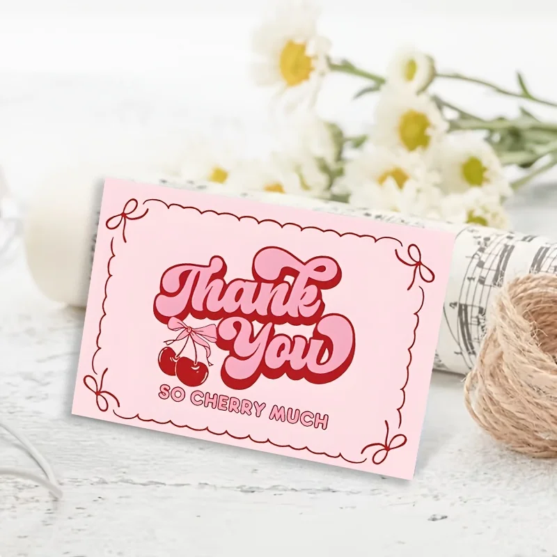 50PCS Cherry Themed Thank-you Cards, with Pink and Tender Colors Paired with Cherries, Creating A Great Atmosphere
