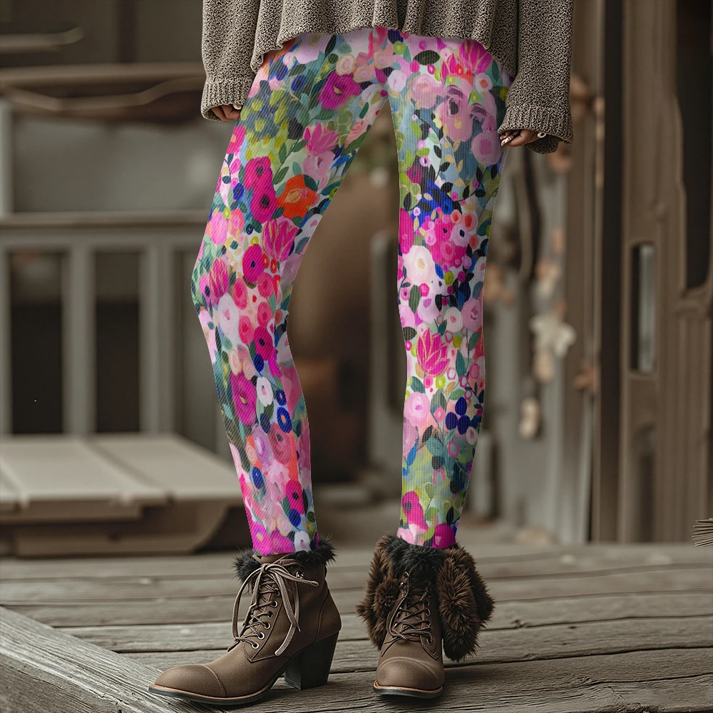 الملونة تتفتح الزهور نمط المرأة طماق الخريف الشتاء الدافئة الأزياء الجوارب أنيق في الهواء الطلق نظرة أزياء الشارع الشهير #2