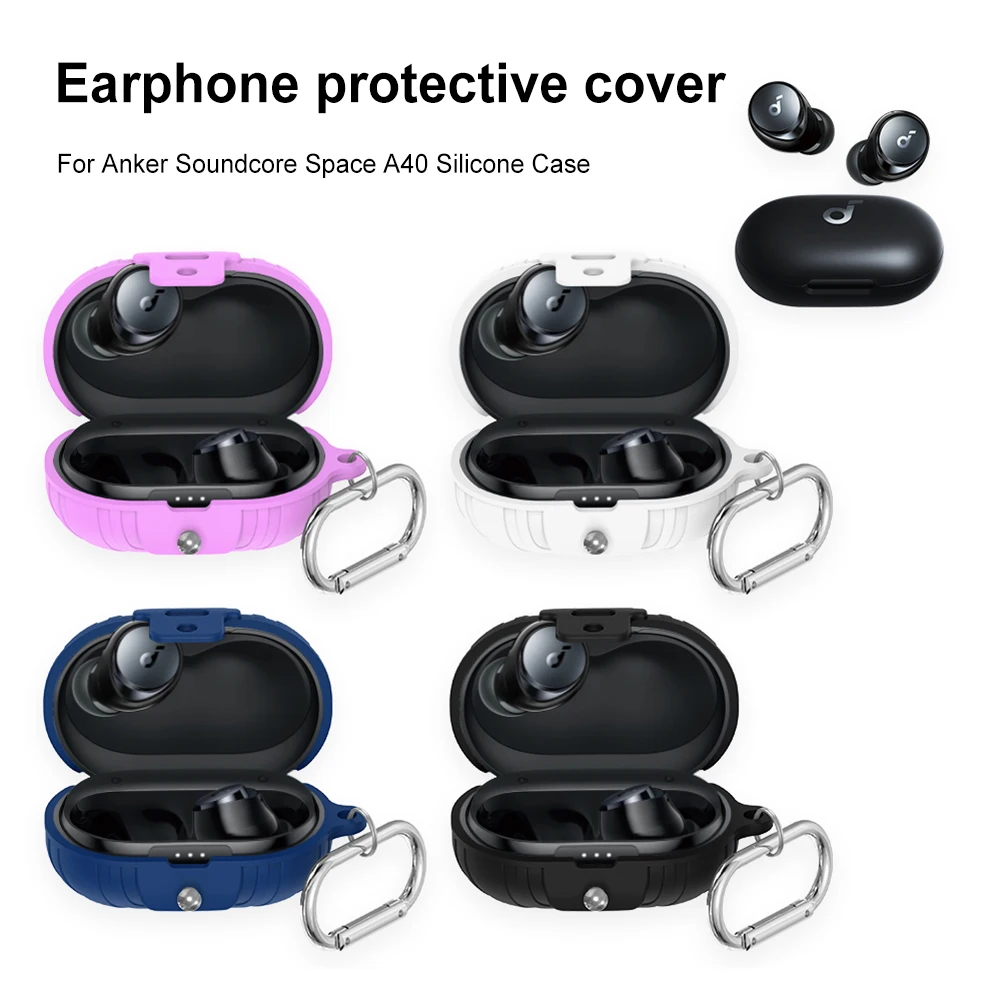 Silicone Protective Case for Anker Soundcore Space A40 Charging Box Wireless Shell Headphone Protective Case with Carabiner