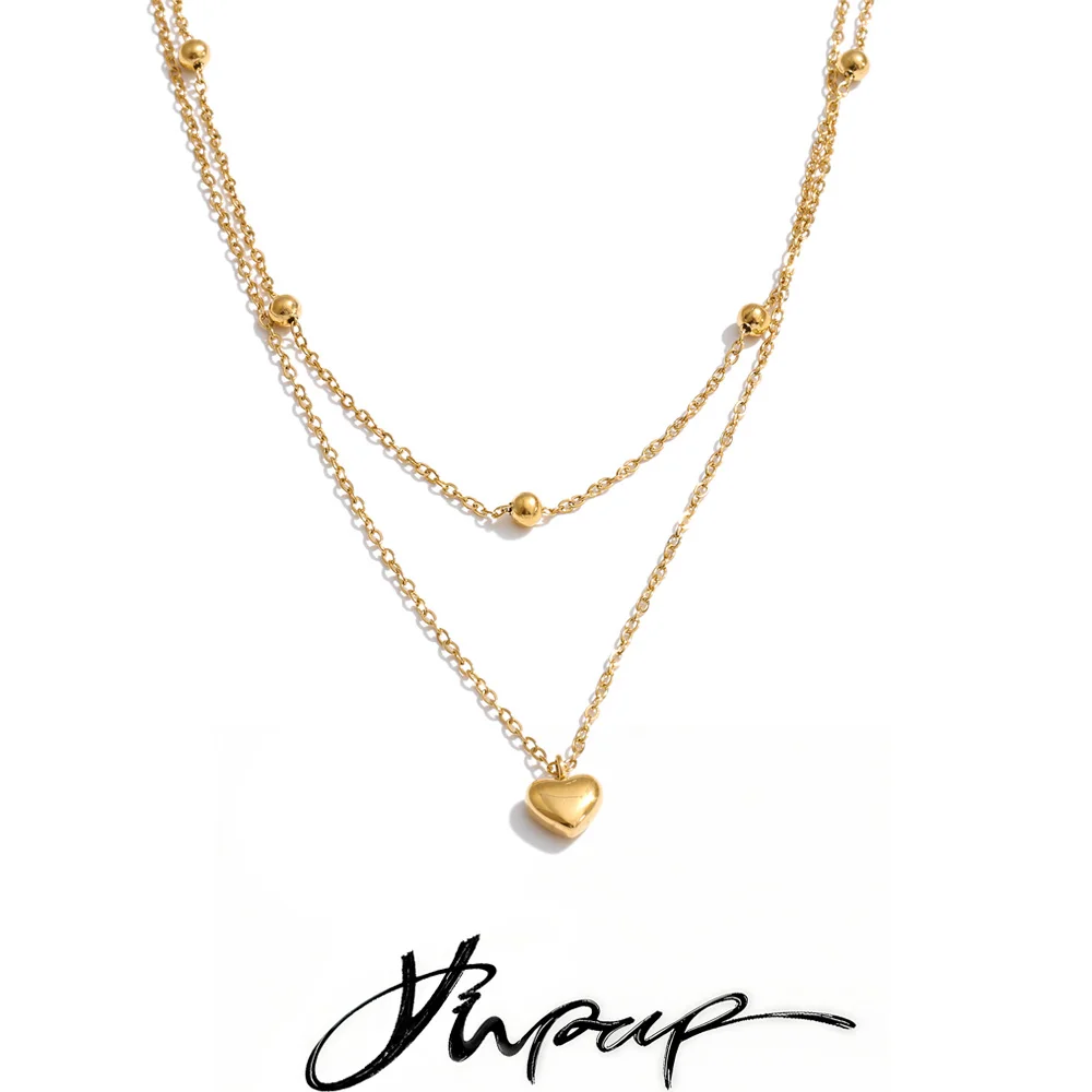 Yhpup Edelstahl-Halskette mit doppellagiger Herzkette, 16 Karat Goldfarbe, PVD-beschichtet, Valentinstagsgeschenk, Charm, schicker Schmuck